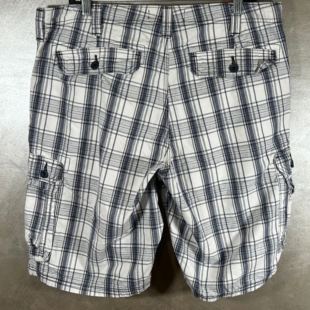 Lee Mens Plaid Cargo Shorts White Blue Cotton Relaxed Fit Size 38